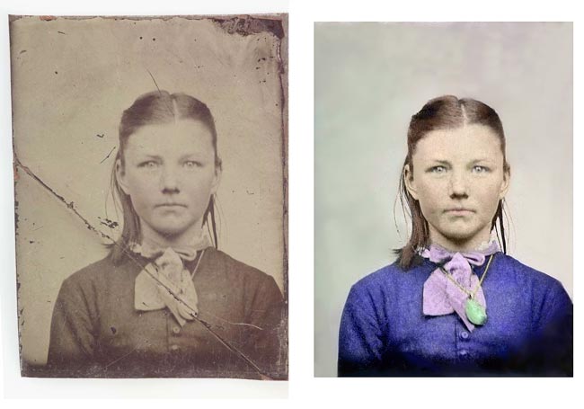 damaged photo next to restored photo of young girl